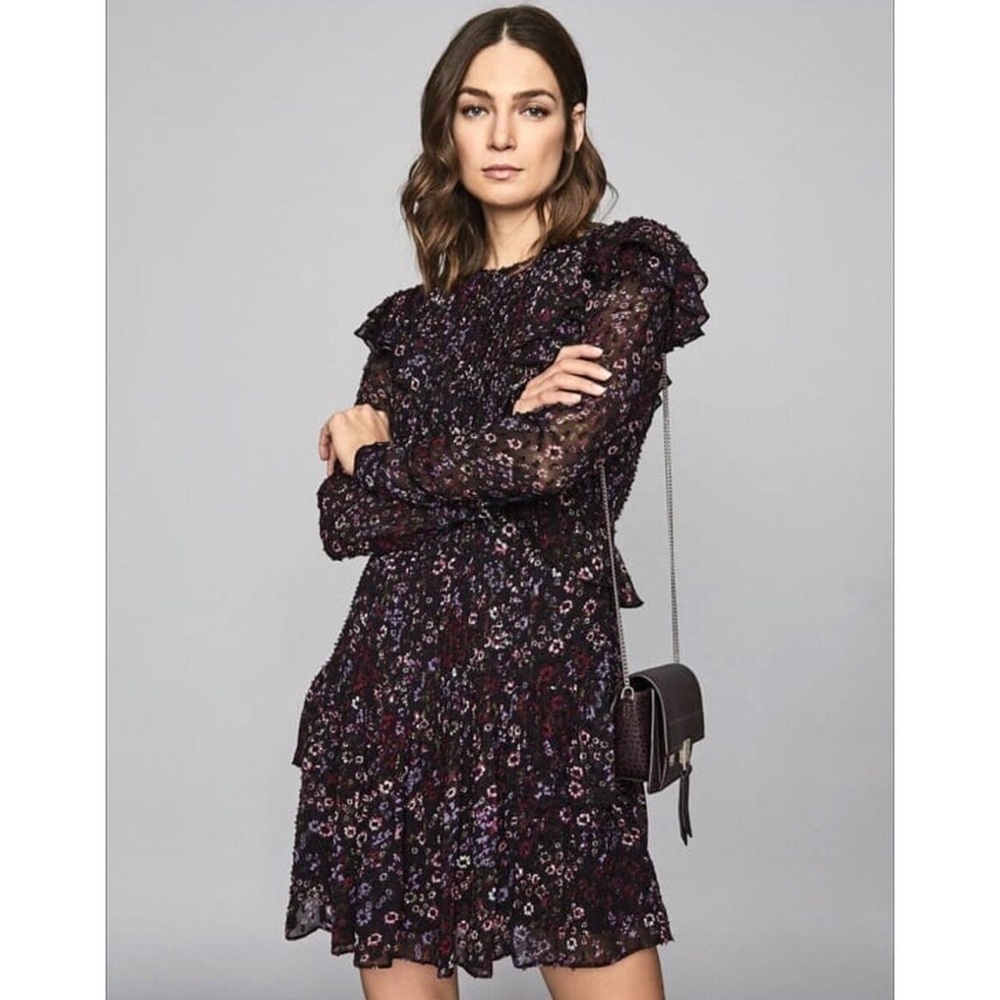 Reiss Carey India Ruffle Pintuck Floral Print Long Sleeve Mini Dress NWOT Size 2